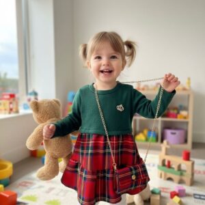 Rochiță verde cu fustă în carouri și poșetuță inclusă